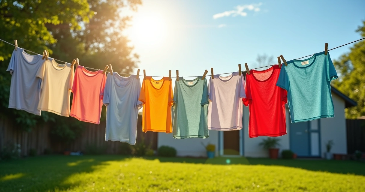Roupas coloridas penduradas em varal ao sol 