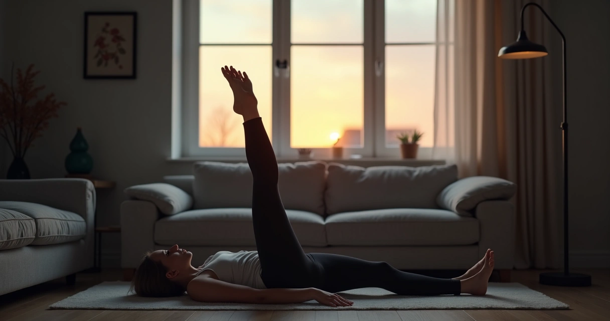 Pessoa praticando alongamento ao entardecer em sala calma 