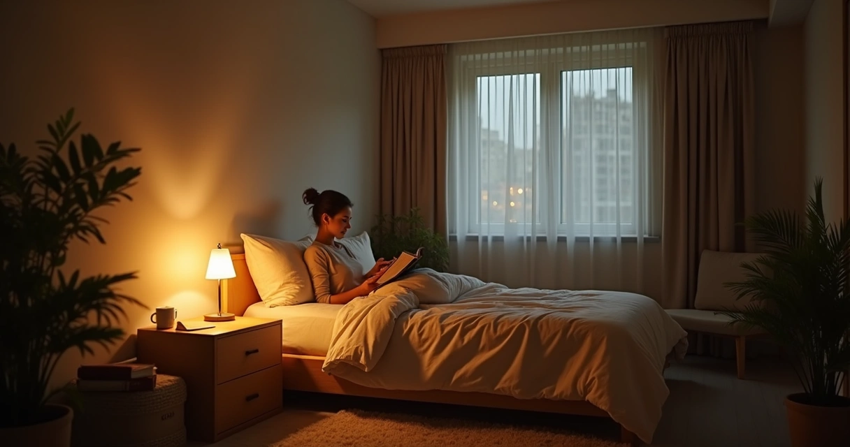 Quarto escuro com luz indireta amarelada, cama arrumada e pessoa lendo livro 